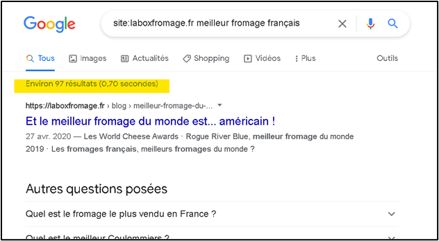 Exemple d'une recherche précise sur Google Search avec la technique site: + un mot clé