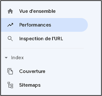 Menu de l'outil Google Search Console