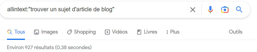 Nombre de résultats pour la requête "trouver un sujet d'article de blog" avec commande "allintext"