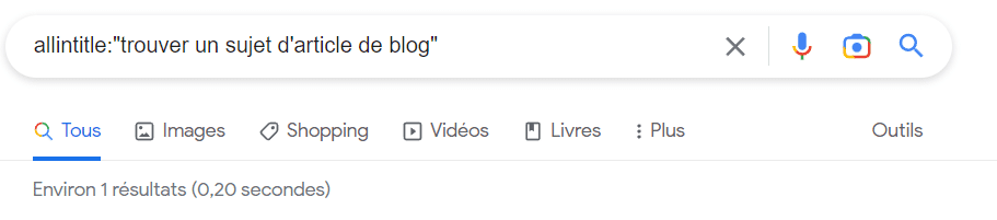 Nombre de résultats pour la requête "trouver un sujet d'article de blog" avec commande "allintitle"
