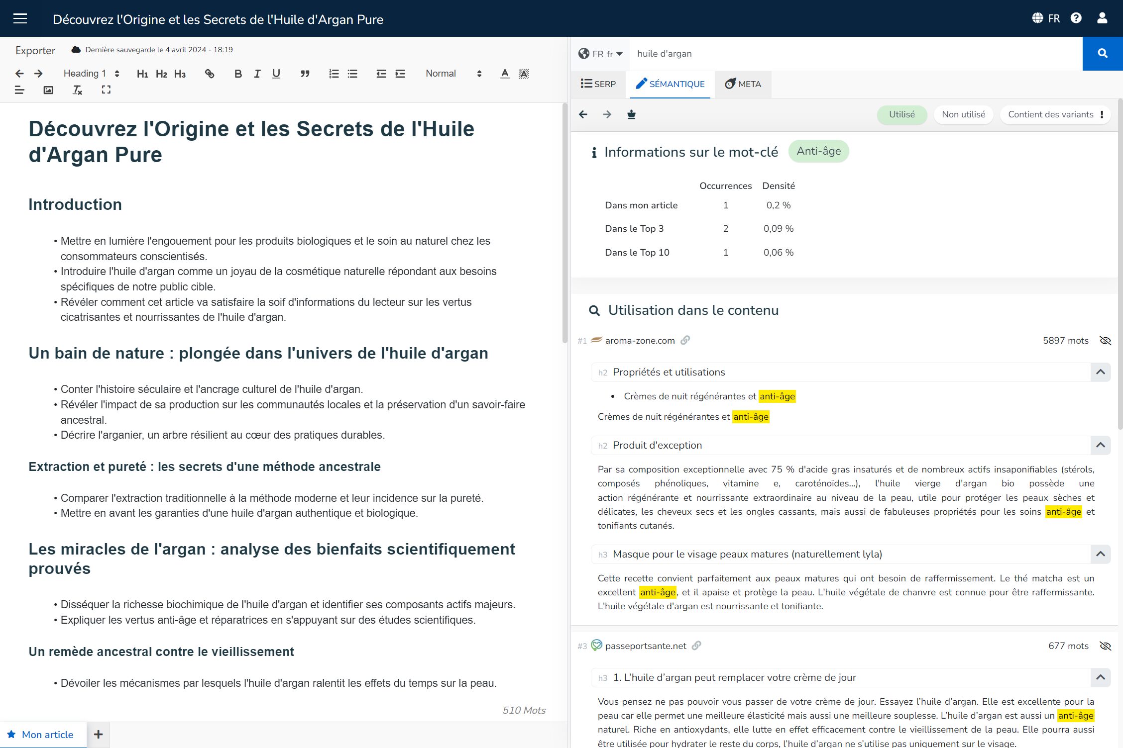 Interface de doBrief avec les statistiques d'utilisation sur un mot spécifique.