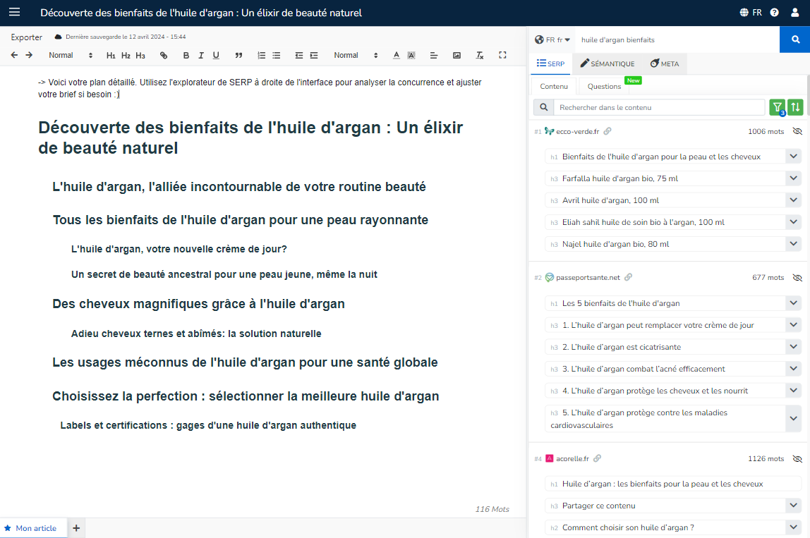 Interface doBrief : Génération d'un plan détaillé pour un article de blog.