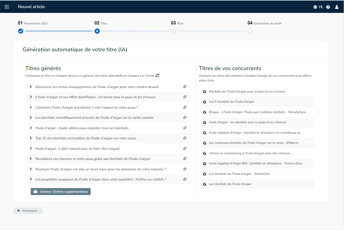 Interface doBrief : 10 sujets d'article ont été générés par l'app.